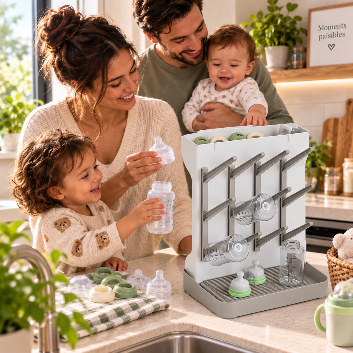 Famille paisible range accessoires dans egouttoir biberon