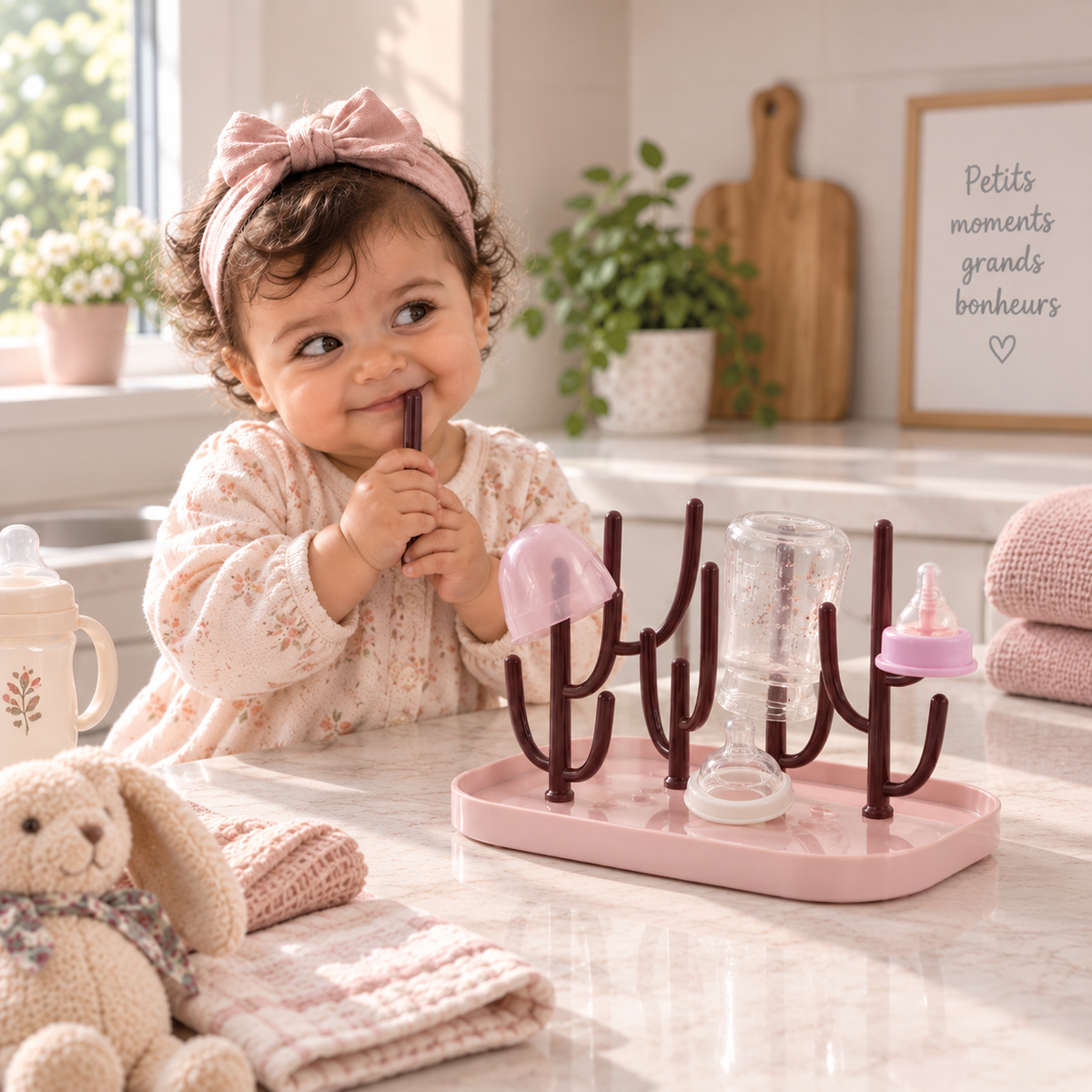Bébé au sourire malin à côté de support biberon