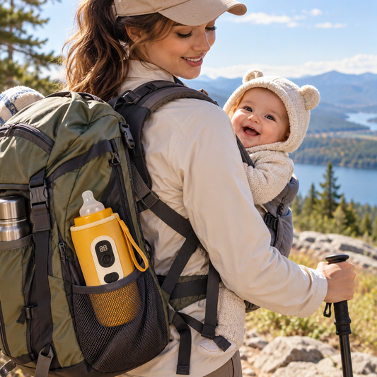 Chauffe biberon nomade avec maman en randonnée 