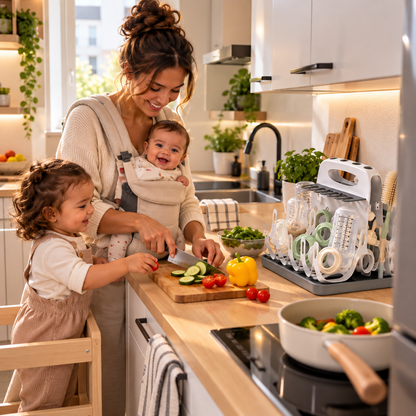 Maman cuisine avec enfants biberons rangés dans égouttoir biberon