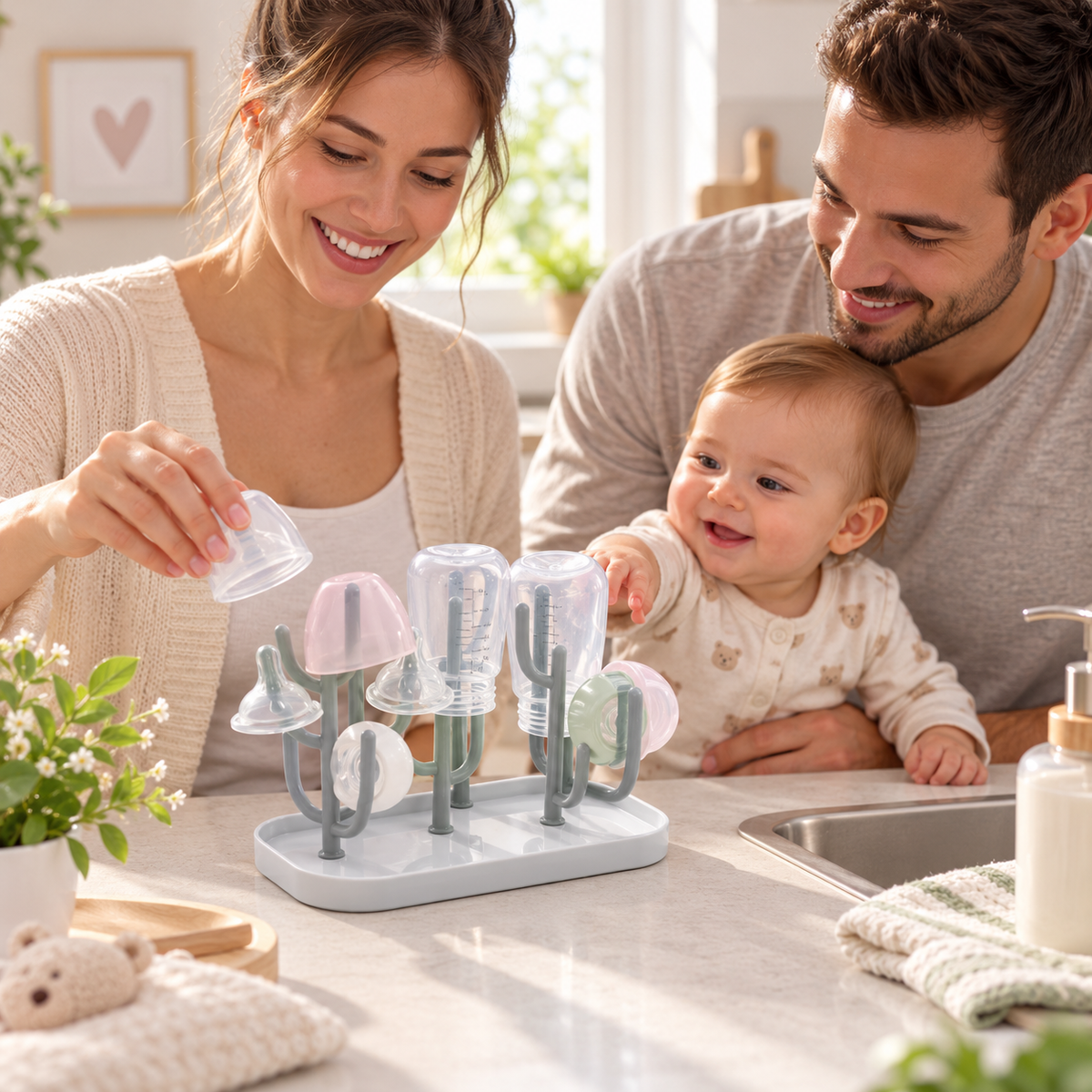Maman place accessoire sur support biberon papa et bébé la regardent