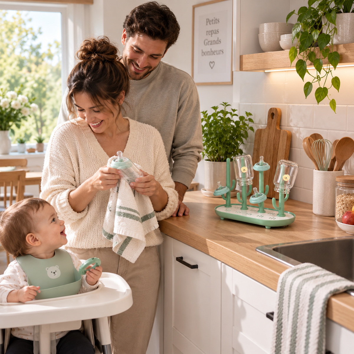 papa maman bébé sourient et sèche biberon dans un coin de la cuisine 