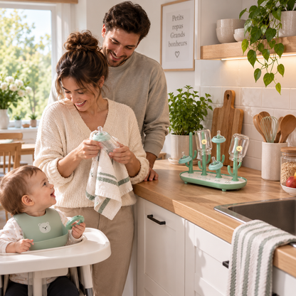 papa maman bébé sourient et sèche biberon dans un coin de la cuisine 