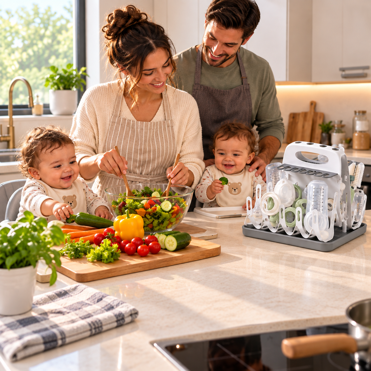 Famille dans cuisine rangée grâce à égouttoir biberon