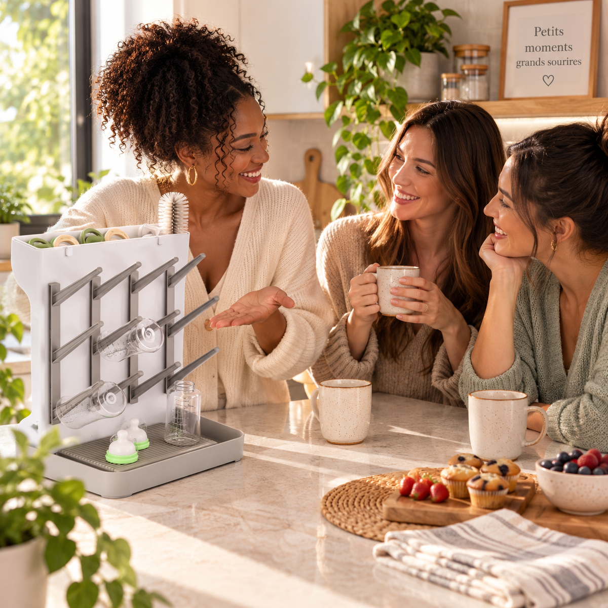 Maman présente egouttoir biberon aux copines autour d'un café 
