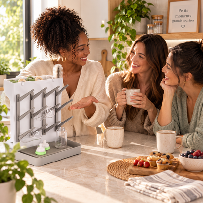 Maman présente egouttoir biberon aux copines autour d'un café 