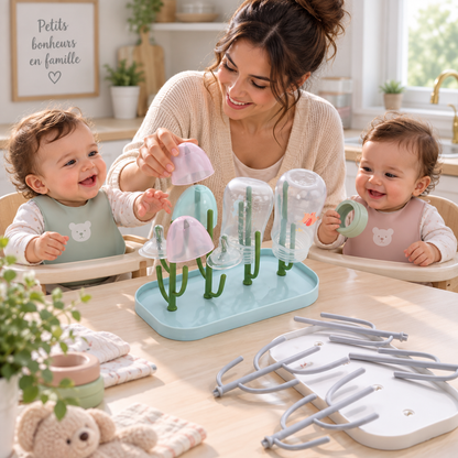 Maman et jumeaux placent biberons et accessoires sur support biberon