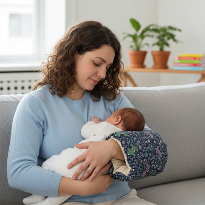 Maman-porte-bebe-avec-coussin-allaitement-bleu-ciel