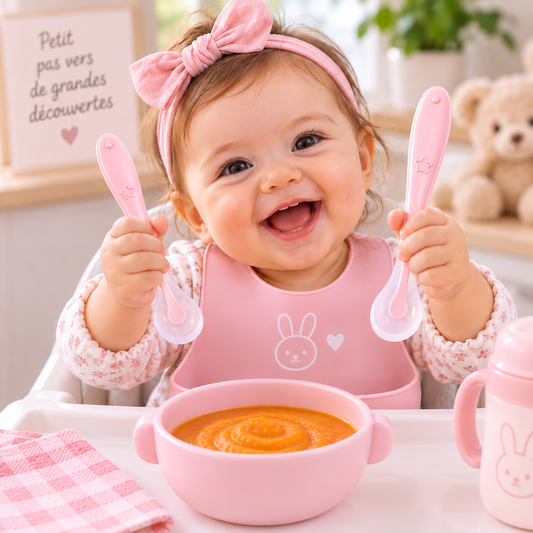 Bebe heureuse avec les cuilleres bebe