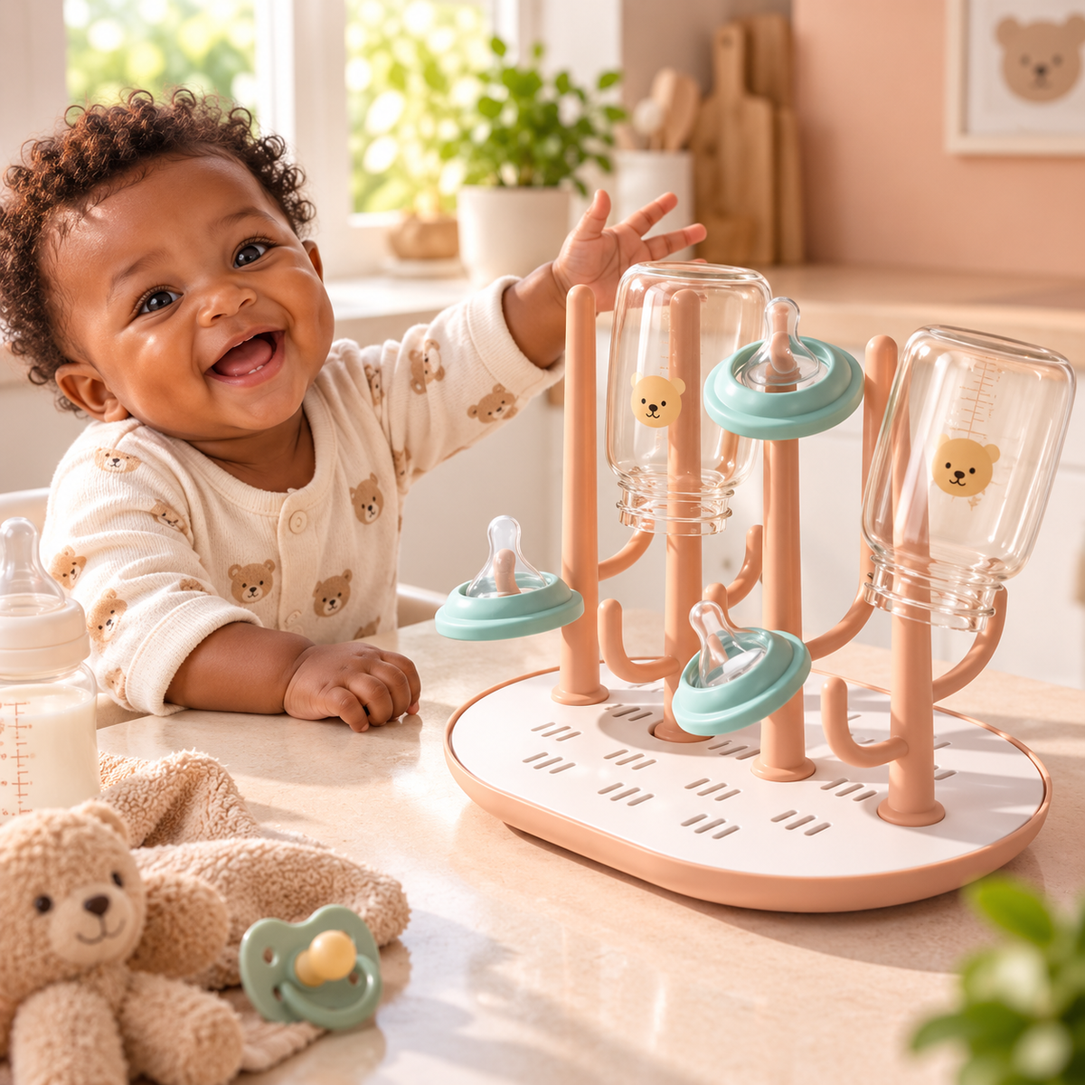 bebe heureux tend sa main vers sèche biberon