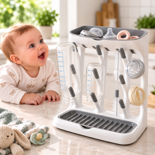 Bébé regarde sèche biberon