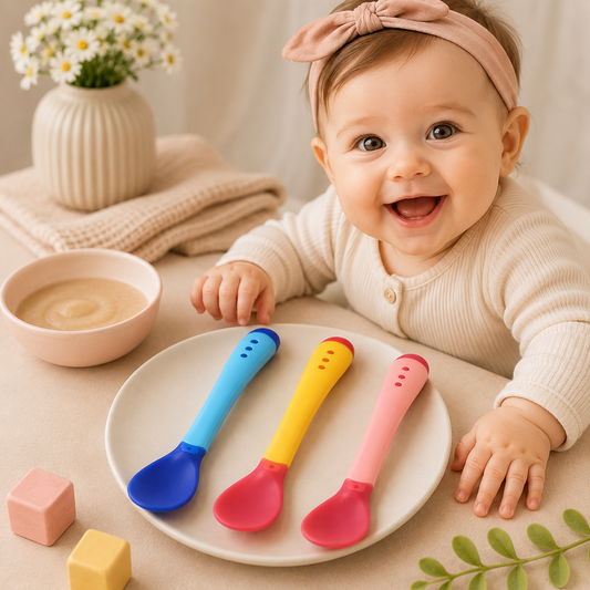 bebe souriante a coté de lot de trois cuilleres bebe