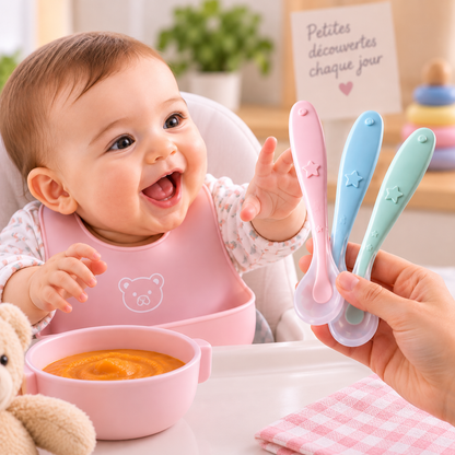 Bébé stimulé par les couleurs des cuilleres bebe