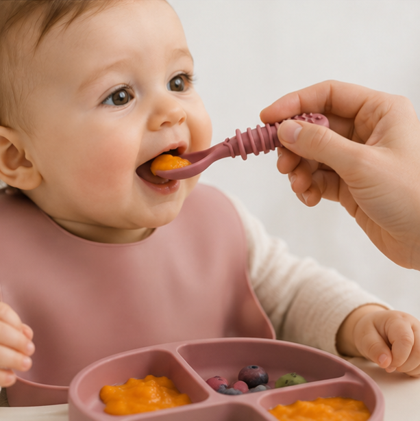 bouchée avec cuillere bebe rose