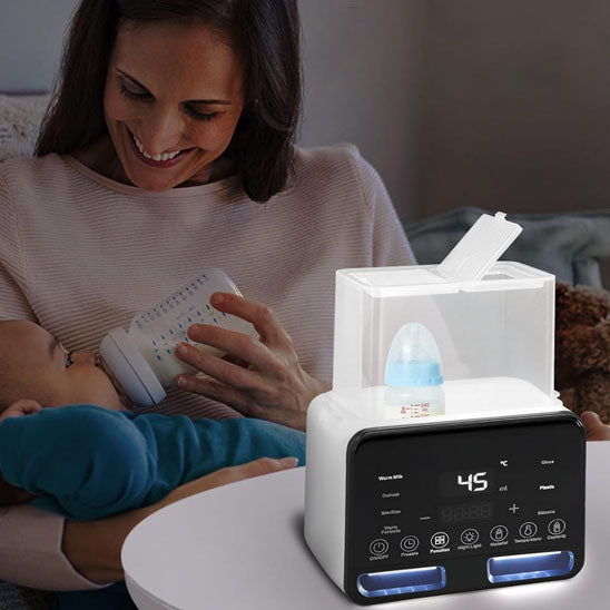chauffe-biberon-sterilisateur-double-capacite-maman-souriante-nourrit-bebe