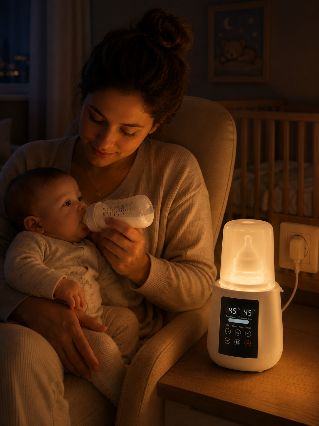 maman-allaite-bebe-chauffe-biberon-pour-lait-maternel-en-veuilleuse