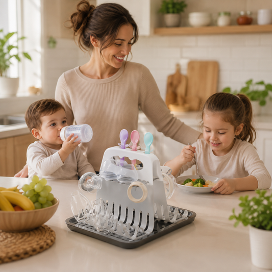 maman-avec-enfants-égouttoir-biberon-en-décoration