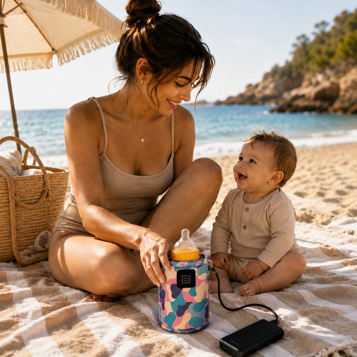 Biberon chaud sur la plage avec chauffe biberon portable