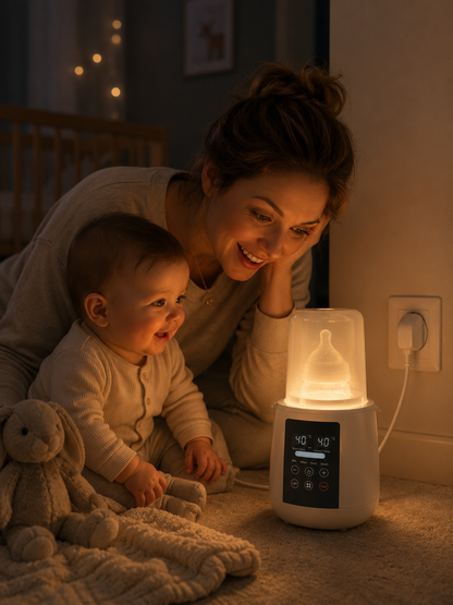 maman-bebe-regardent-chauffe-biberon-pour-lait-maternel-en-fonction