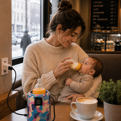 Maman relaxe au café grâce au chauffe biberon portable