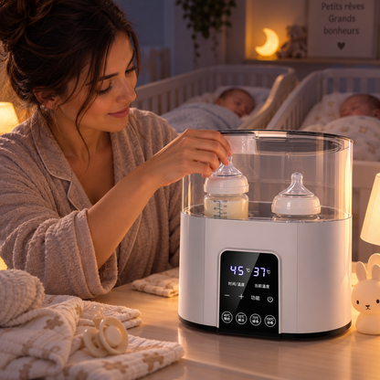 Maman utilise chauffe biberon à côté de jumeaux endormis