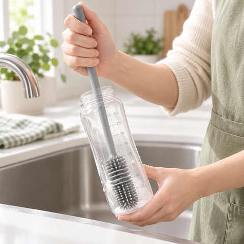 maman utilise goupillon biberon pour nettoyer
