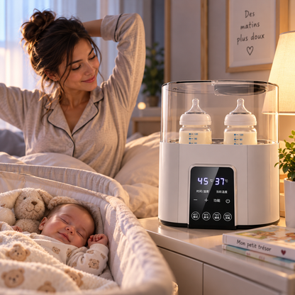 Matin doux pour bebe et maman avec chauffe biberon
