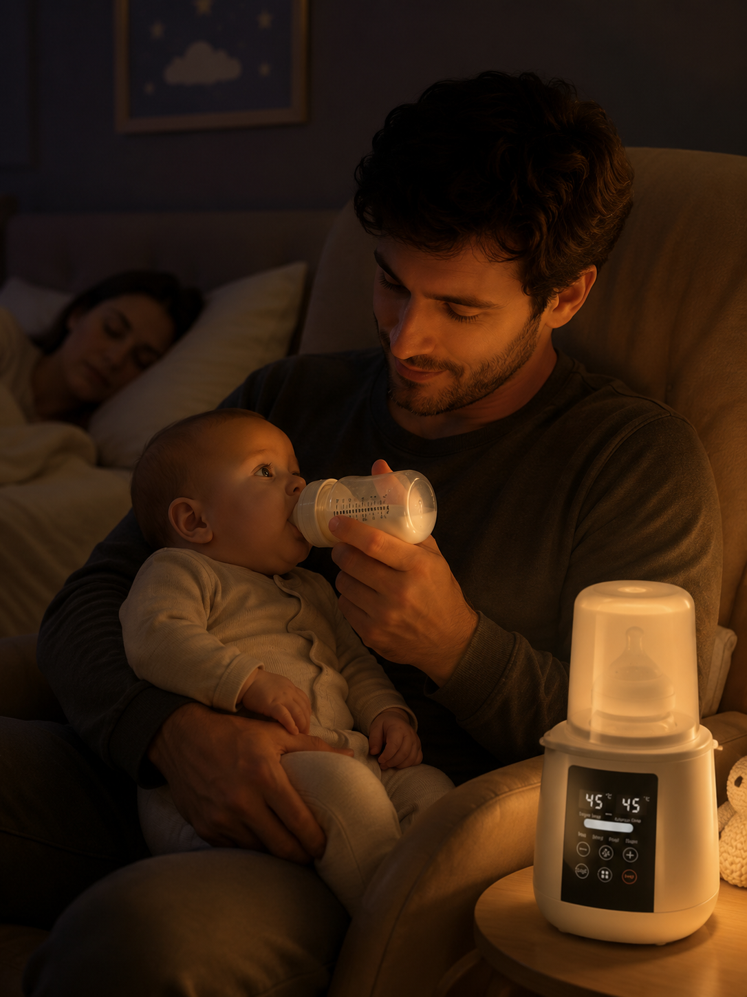 papa-nourrit-bebe-à-lumiere-du-chauffe-biberon-pour-lait-maternel