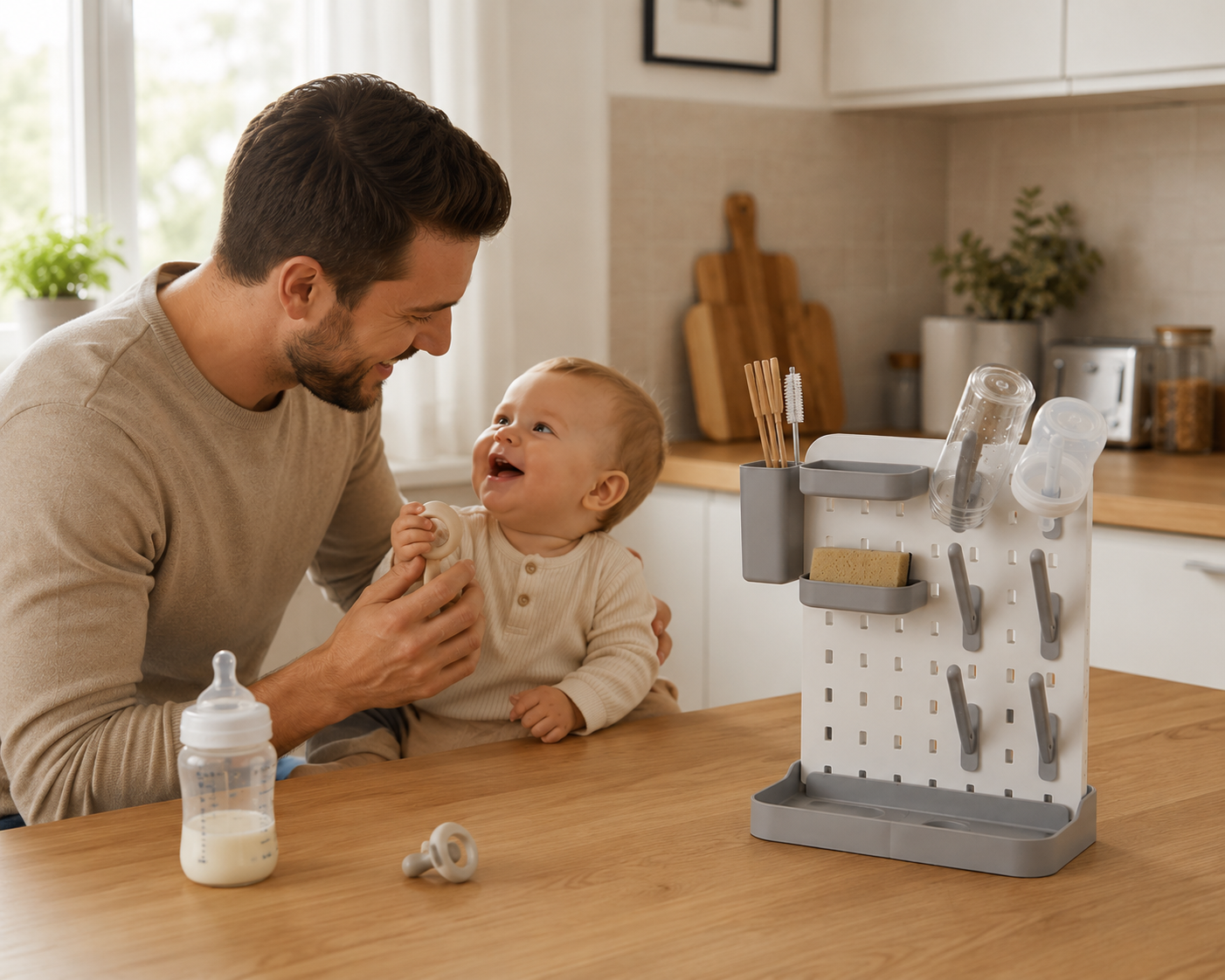 papa-se-sert-de-biberon-séché-sur-égouttoir-à-biberon