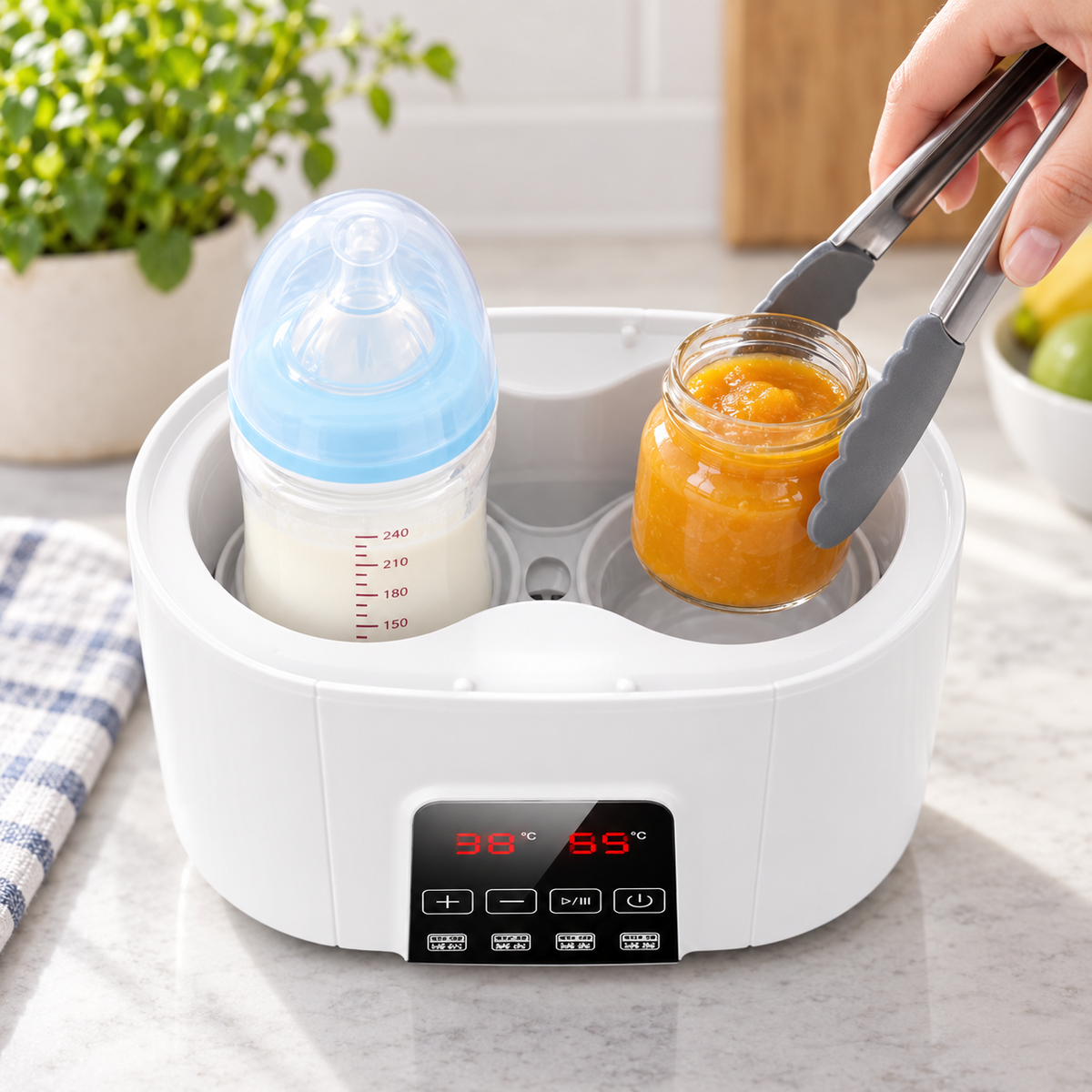 purée retirée aux pinces du chauffe biberon