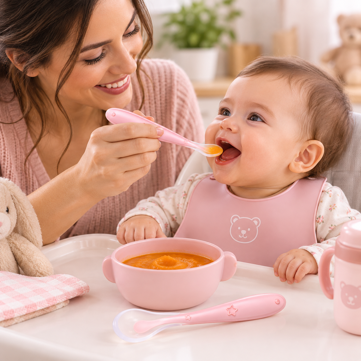 Tendresse autour d'un repas avec cuilleres bebe